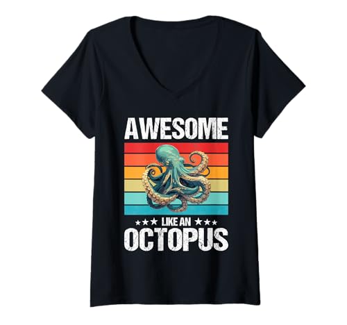 Damen Oktopus Kraken Krake T-Shirt mit V-Ausschnitt von Oktopus Kraken Krake Tier Shop