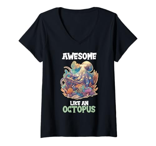 Damen Oktopus Kraken Krake T-Shirt mit V-Ausschnitt von Oktopus Kraken Krake Tier Shop
