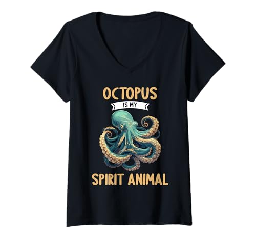 Damen Oktopus Kraken Krake T-Shirt mit V-Ausschnitt von Oktopus Kraken Krake Tier Shop