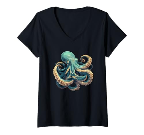 Damen Oktopus Kraken Krake T-Shirt mit V-Ausschnitt von Oktopus Kraken Krake Tier Shop