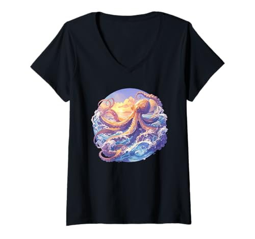 Damen Oktopus Kraken Krake T-Shirt mit V-Ausschnitt von Oktopus Kraken Krake Tier Shop