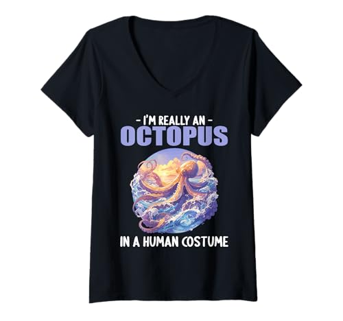 Damen Oktopus Kraken Krake T-Shirt mit V-Ausschnitt von Oktopus Kraken Krake Tier Shop