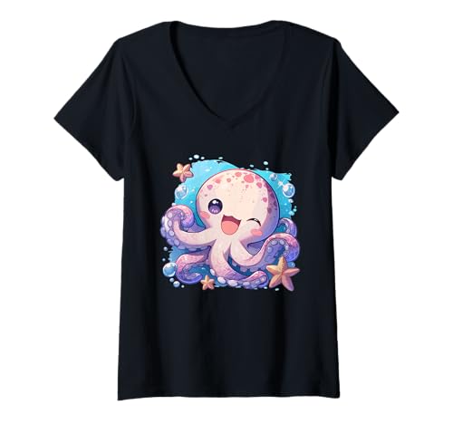 Damen Oktopus Kraken Krake T-Shirt mit V-Ausschnitt von Oktopus Kraken Krake Tier Shop