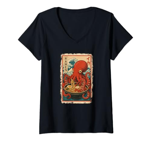Damen Oktopus isst Ramen Nudeln Japanisches Vintage T-Shirt mit V-Ausschnitt Damen Oktopus isst Ramen Nudeln Japanisches Vintage T-Shirt mit V-Ausschnitt von Oktopus Ramen Nudeln Retro Kawaii Shop