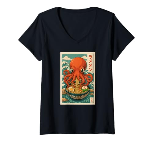 Damen Oktopus isst Ramen Nudeln Japanisches Vintage T-Shirt mit V-Ausschnitt Damen Oktopus isst Ramen Nudeln Japanisches Vintage T-Shirt mit V-Ausschnitt von Oktopus Ramen Nudeln Retro Kawaii Shop