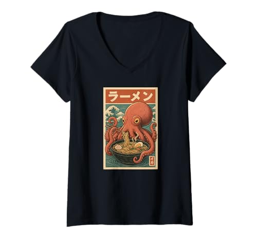 Damen Oktopus isst Ramen Nudeln Japanisches Vintage T-Shirt mit V-Ausschnitt Damen Oktopus isst Ramen Nudeln Japanisches Vintage T-Shirt mit V-Ausschnitt von Oktopus Ramen Nudeln Retro Kawaii Shop