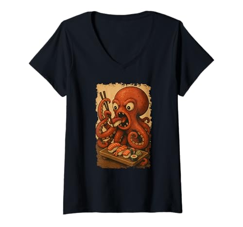 Damen Oktopus isst Sushi Japanisches Vintage T-Shirt mit V-Ausschnitt Damen Oktopus isst Sushi Japanisches Vintage T-Shirt mit V-Ausschnitt von Oktopus Sushi Retro Kawaii Shop