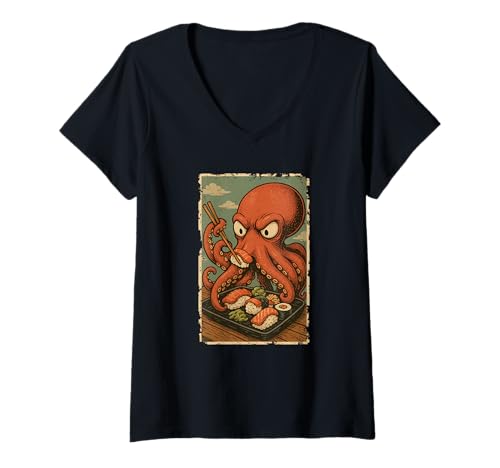 Damen Oktopus isst Sushi Japanisches Vintage T-Shirt mit V-Ausschnitt Damen Oktopus isst Sushi Japanisches Vintage T-Shirt mit V-Ausschnitt von Oktopus Sushi Retro Kawaii Shop