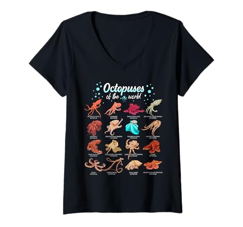 Damen Bunte Krakenvielfalt - Oktopusse der Welt T-Shirt mit V-Ausschnitt Damen Bunte Krakenvielfalt - Oktopusse der Welt T-Shirt mit V-Ausschnitt von Oktopus und Kraken Designs