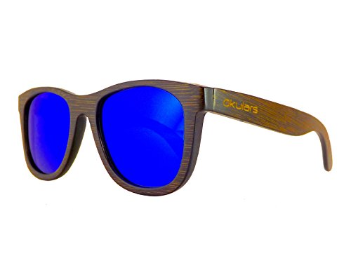 Okulars® Dark Bamboo - Sonnenbrille aus Holz für Damen & Herren, Handgefertigt - eine Größe - Polarisierte und Verspiegelte Gläser - UV400 Schutz - Cat.3 (Blau) von Okulars