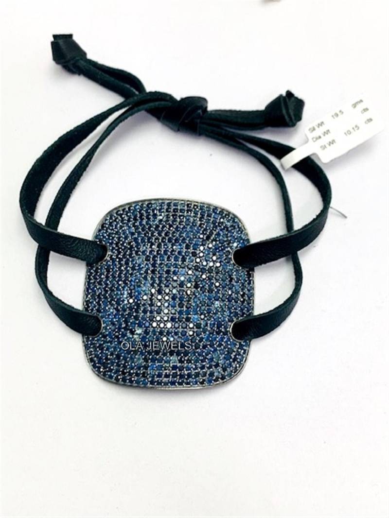925 Sterling Silber Lederarmband Mit Blauem Saphir Handgemachter Schmuck Weihnachtsgeschenke Hochzeitsjubiläumsgeschenke von OlaJewelsDesigns