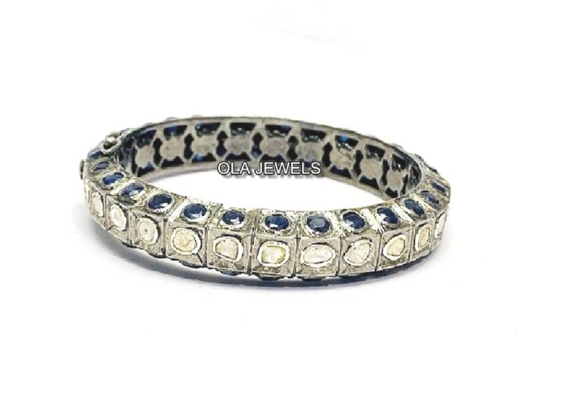 Armreif 925 Sterling Silber Rose Cut Diamant Mit Blauem Saphir Handgemachter Schmuck Weihnachtsgeschenke Hochzeitsgeschenke Jahrestagsgeschenk von OlaJewelsDesigns