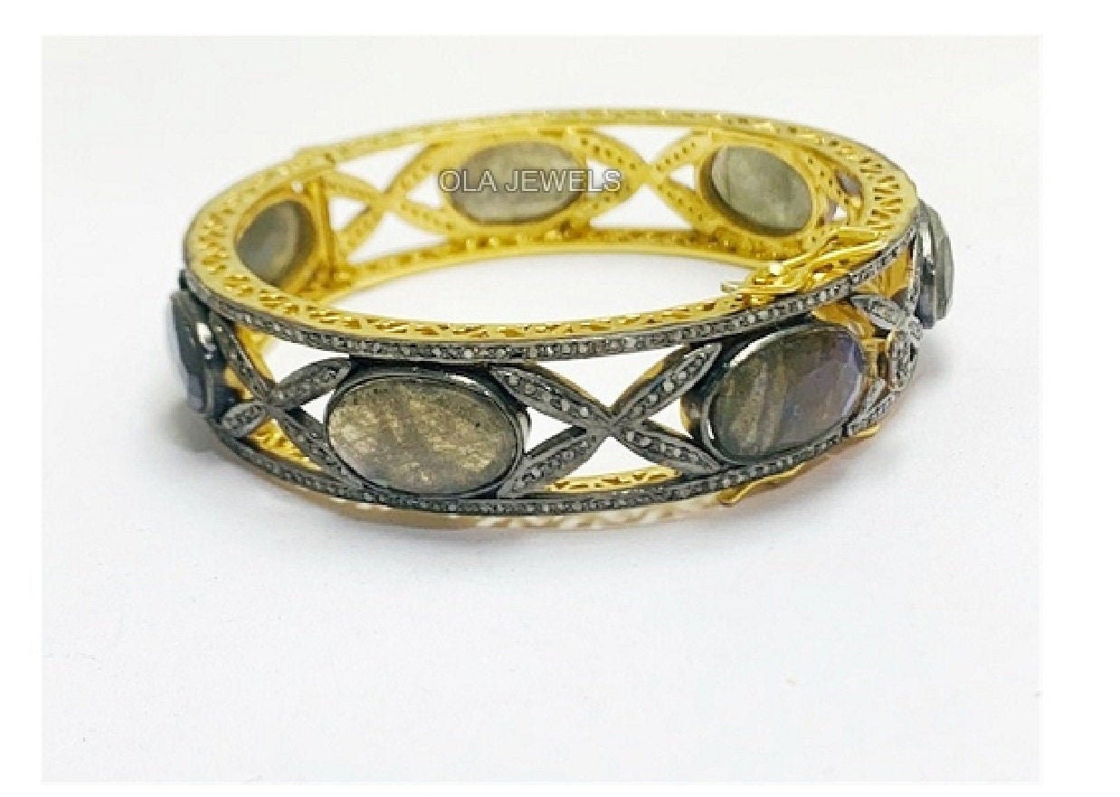 Massive 925 Sterling Silber Vergoldet Diamant Mit Labradorit Armreif Handgemachter Schmuck Weihnachten Hochzeit Jahrestag Schönes Geburtstagsgeschenk von OlaJewelsDesigns