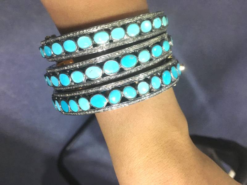 Massiver 925Er Sterlingsilber-Diamant Mit Schwarzem Finish, Rosenschliff-Diamant Und Champagner-Diamant Türkisfarbenem Öffenbarem Armreif | Preis von OlaJewelsDesigns