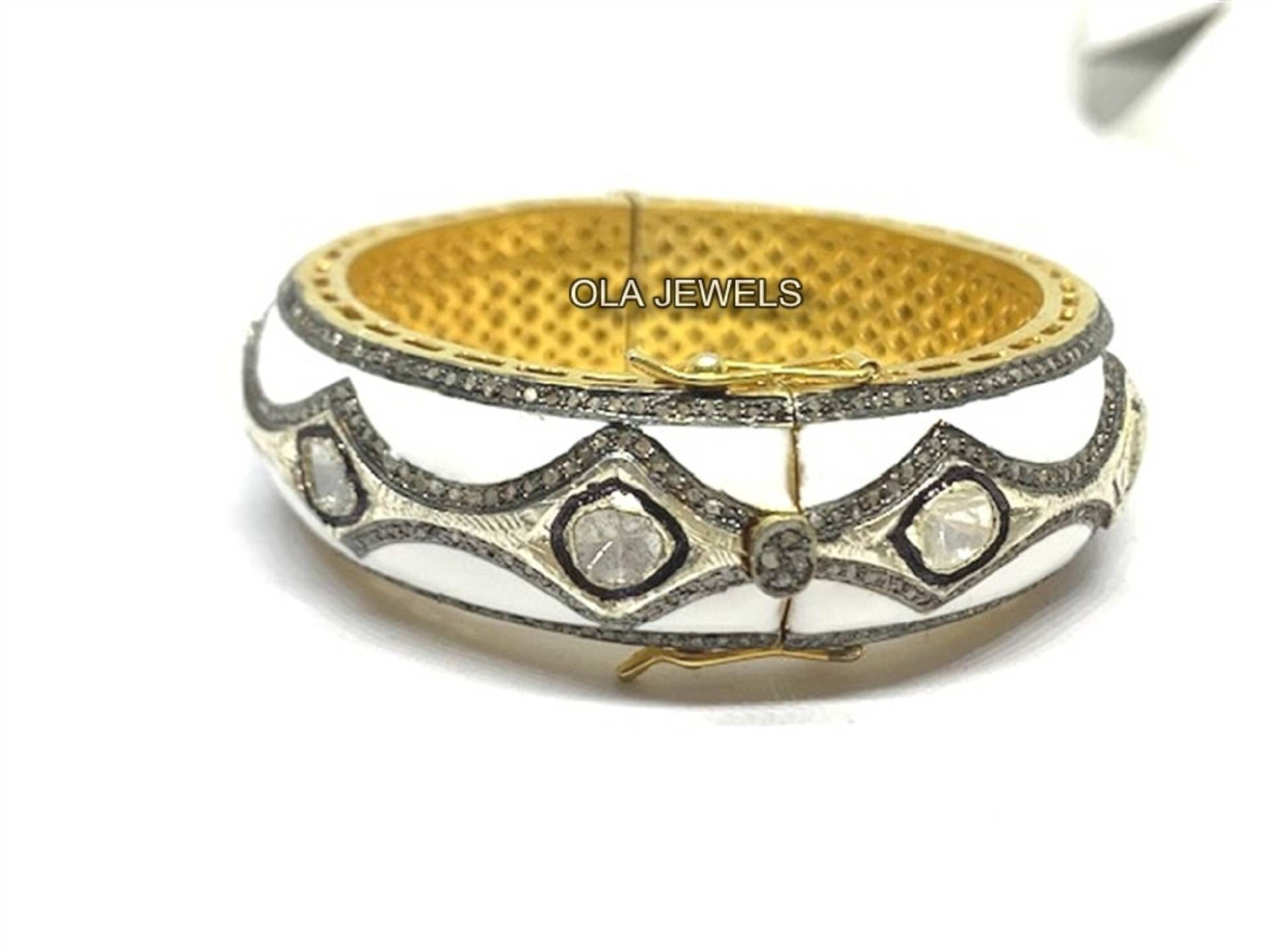 Massiver Sterling Silber 925 Vergoldeter Diamantrosenschliff Diamanten Mit Pave Diamant Emaille Armreif 58 Mm | Preis Für 1 Stück von OlaJewelsDesigns