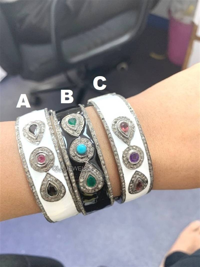 Massiver Sterling Silber Mit Schwarzem Finish Pflastern Diamant Edelstein Armreif Weißen Und Schwarzen Emaille Jahrestag Geburtstagsgeschenke Für von OlaJewelsDesigns