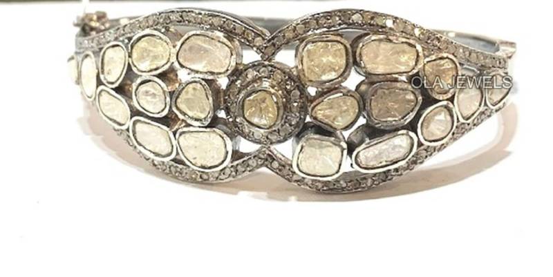 Massiver Sterling Silber Schwarz Finish Roséschliff Diamant Mit Pave Armbänder | Preis Für 1 Stk von OlaJewelsDesigns
