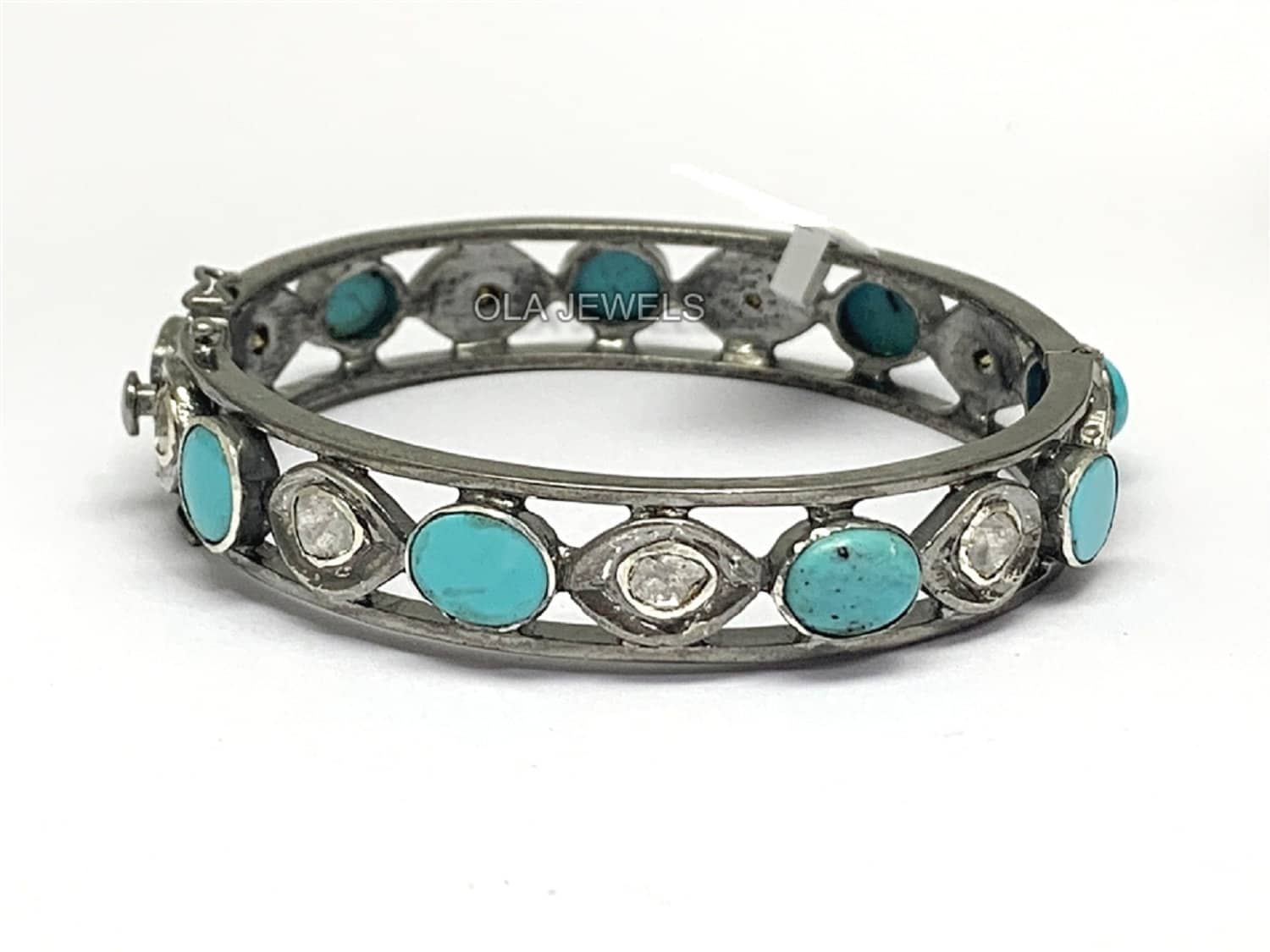 Massiver Sterling Silber Schwarzer Finish Diamant Mit Pave Türkis Aufschnallbarem Armreif | Preis Für 1 Stk Massiver Sterling Silber Schwarzer Finish Diamant Mit Pave Türkis Aufschnallbarem Armreif | Preis Für 1 Stk von OlaJewelsDesigns