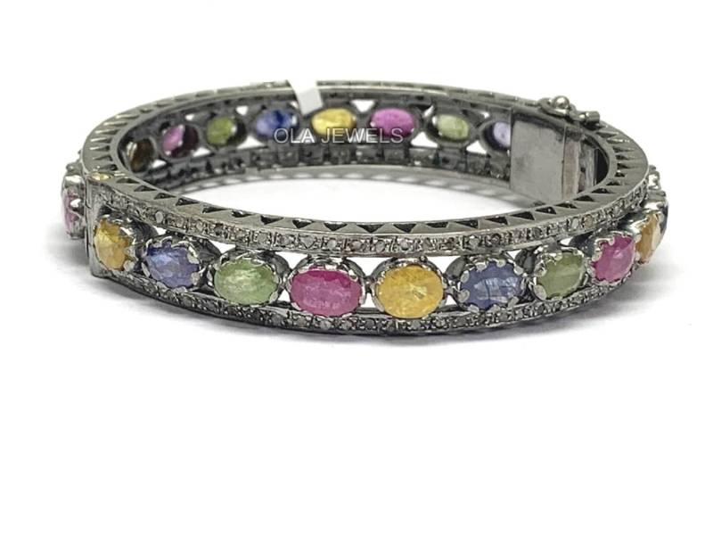 Solid Sterling Silber Armreif Geschenke Handgemachter Schmuck Multi Saphir Jubiläum Hersteller Schwarz Finish Armband Weihnachten von OlaJewelsDesigns