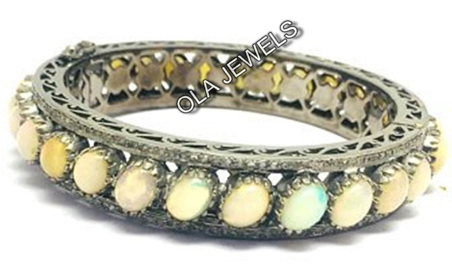 sterling Silber 925 Armreif | Pave Diamant & Opal Armband Handgemachte Zierliche Echter Schmuck Elegantes Geschenk Für Sie von OlaJewelsDesigns