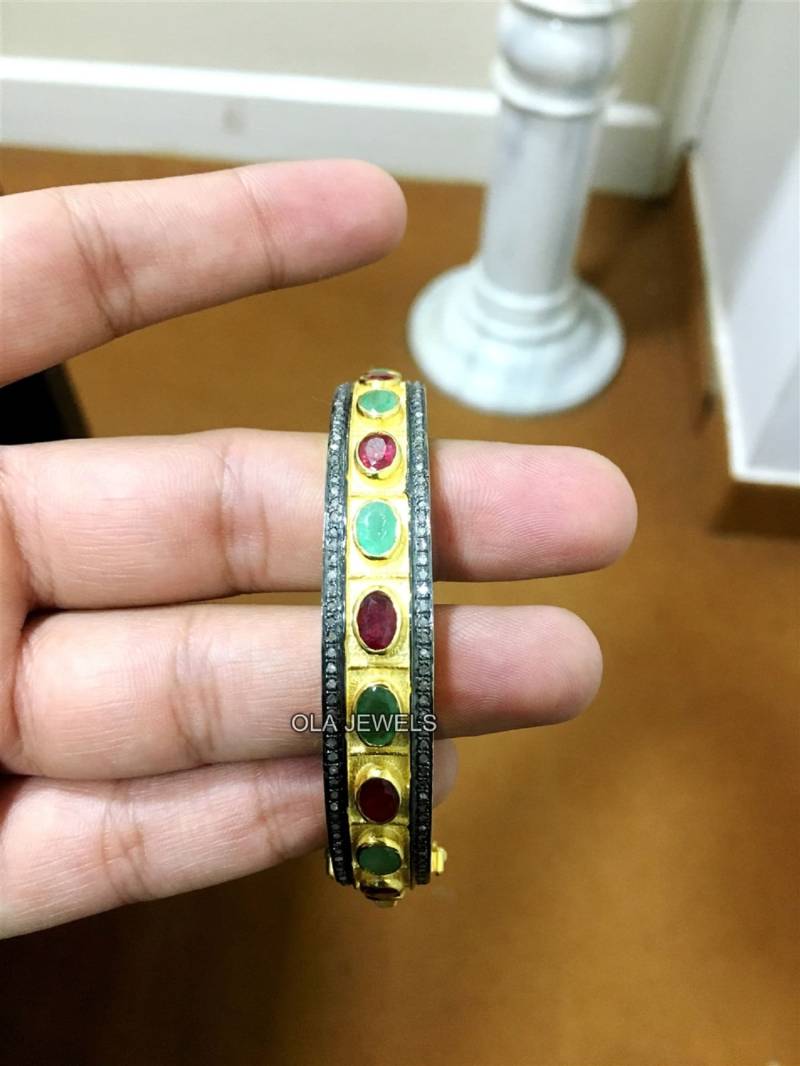 sterling Silber 925 Vergoldet Diamant Und Rubin & Smaragd Armreif Jubiläumsgeschenk Handgemachter Schmuck Hersteller Hochzeitsgeschenk von OlaJewelsDesigns