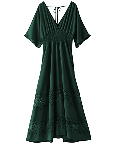 Olaesa Damen Spitze Maxikleid Kurzarm V Ausschnitt Partykleid Gesmokte Taille Boho Maxikleid Böhmisches Kleid für Frauen, Dunkelgrün, XX-Large von Olaesa