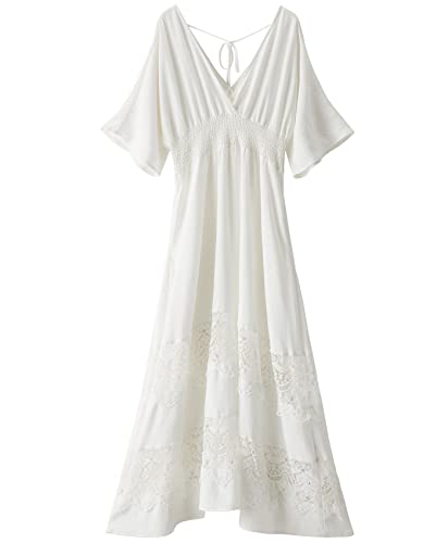 Olaesa Damen Spitze Maxikleid Kurzarm V Ausschnitt Partykleid Gesmokte Taille Boho Maxikleid Böhmisches Kleid für Frauen, Weiss/opulenter Garten, Klein von Olaesa