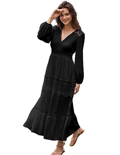 Olaesa Maxikleid aus Spitze, langärmelig, V-Ausschnitt, Boho-Kleid, dekorative Knöpfe, gesmokte Taille, fließendes Kleid mit Taschen, Schwarz, Groß Olaesa Maxikleid aus Spitze, langärmelig, V-Ausschnitt, Boho-Kleid, dekorative Knöpfe, gesmokte Taille, fließendes Kleid mit Taschen, Schwarz, Groß von Olaesa
