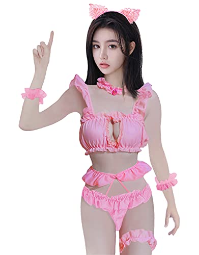 Olanstar Damen Anime Cosplay Süß Sexy Kätzchen Schlüsselloch Chiffon Katze Dessous Set von Lucky2Buy