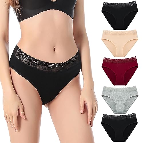 Olasfa 5er Pack Unterhosen Damen Baumwolle Spitze Hipster Stretch Hohe Taille Slips Atmungsaktiv Bequeme Unterwäsche von Olasfa