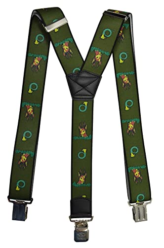 Olata Heavy Duty Herren-Hosenträger Y-Form mit Jagdmotiv und gravierten Hosenträger-Clips – 4 cm. Jagdhorn von Olata
