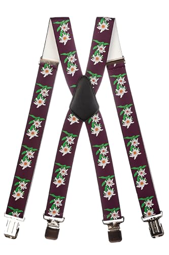 Olata Heavy Duty Herren-Hosenträger X-Form mit Edelweiß Muster – 4 cm. Burgund von Olata