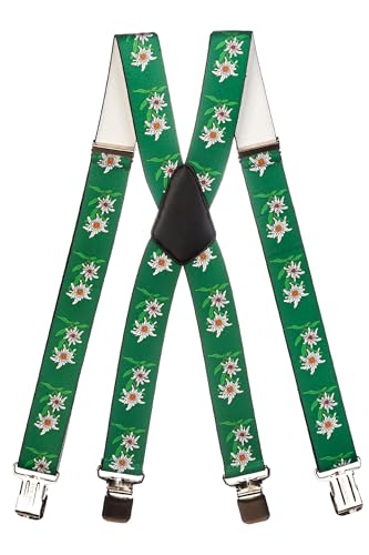 Olata Heavy Duty Herren-Hosenträger X-Form mit Edelweiß Muster – 4 cm. Dunkelgrün von Olata