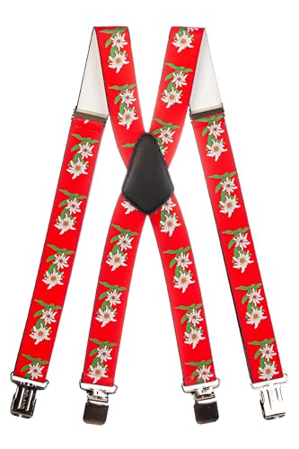 Olata Heavy Duty Herren-Hosenträger X-Form mit Edelweiß Muster – 4 cm. Rot von Olata