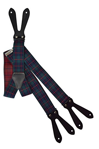 Hosenträger mit Knopfloch, Echt Lederriemen und Muster - 3.5cm. Grün, Blau & Rot Tartan von Olata