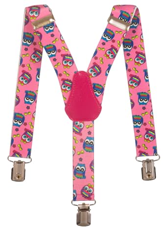 Olata Kinder Hosenträger mit Eulen-Design | Elastische Y-Hosenträger (1-5 Jahre) – 2,5 cm. Rosa von Olata