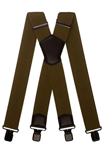 Olata Extra Breite Herren Hosenträger X-Form Metall Clip mit Schwarz Leder – 5 cm. Olivgrün (Schwarz Clips) von Olata