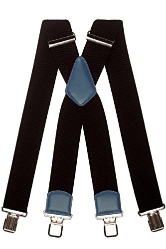 Olata Extra Breite Herren Hosenträger X-Form in Schwarz mit Farbigem Leder – 5 cm. Blau (Silber Clips) von Olata