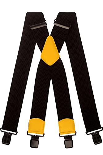 Olata Extra Breite Herren Hosenträger X-Form in Schwarz mit Farbigem Leder – 5 cm. Gelb (Schwarz Clips) von Olata