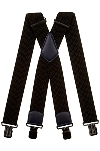 Olata Extra Breite Herren Hosenträger X-Form in Schwarz mit Farbigem Leder – 5 cm. Marineblau (Schwarz Clips) von Olata