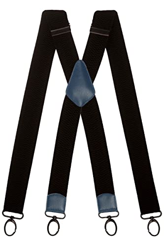 Olata Extra Breite Herren Hosenträger X-Form in Schwarz mit Farbigem Leder und Karabinerhaken – 4 cm. Blau von Olata