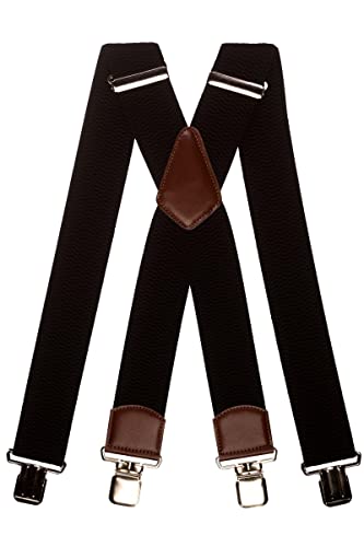 Olata Extra Breite Herren Hosenträger X-Form mit Braun Leder – 5 cm. Schwarz von Olata
