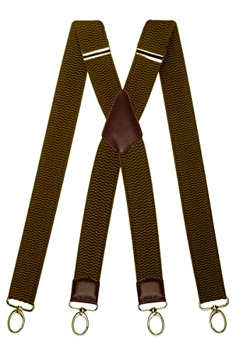 Olata Extra Breite Herren Hosenträger X-Form mit Braun Leder und Karabinerhaken – 4 cm. Olivgrün von Olata