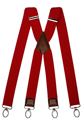 Olata Extra Breite Herren Hosenträger X-Form mit Braun Leder und Karabinerhaken – 4 cm. Rot von Olata