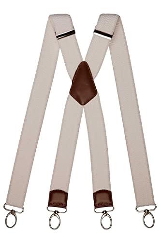 Olata Extra Breite Herren Hosenträger X-Form mit Braun Leder und Karabinerhaken – 4 cm. Weiß von Olata