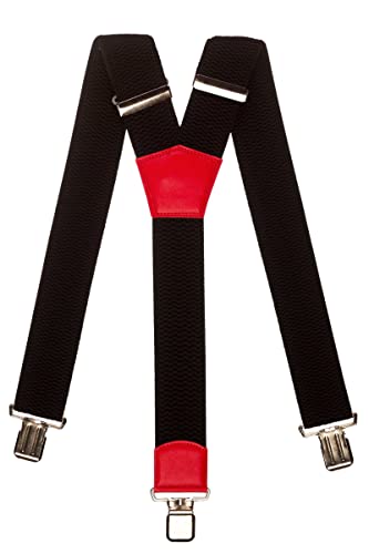 Olata Extra Breite Herren Hosenträger Y-Form in Schwarz mit Farbigem Leder – 5 cm. Rot (Silber Clips) von Olata