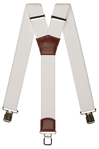 Olata Extra Breite Herren Hosenträger Y-Form mit Braun Leder – 5 cm. Weiß von Olata
