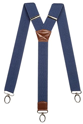 Olata Extra Breite Herren Hosenträger Y-Form mit Braun Leder und Karabinerhaken – 4 cm. Blau von Olata