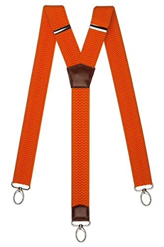 Olata Extra Breite Herren Hosenträger Y-Form mit Braun Leder und Karabinerhaken – 4 cm. Orange von Olata