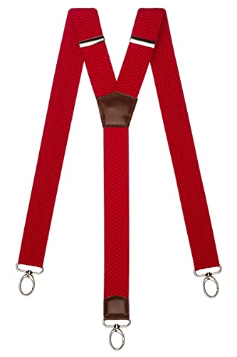 Olata Extra Breite Herren Hosenträger Y-Form mit Braun Leder und Karabinerhaken – 4 cm. Rot von Olata